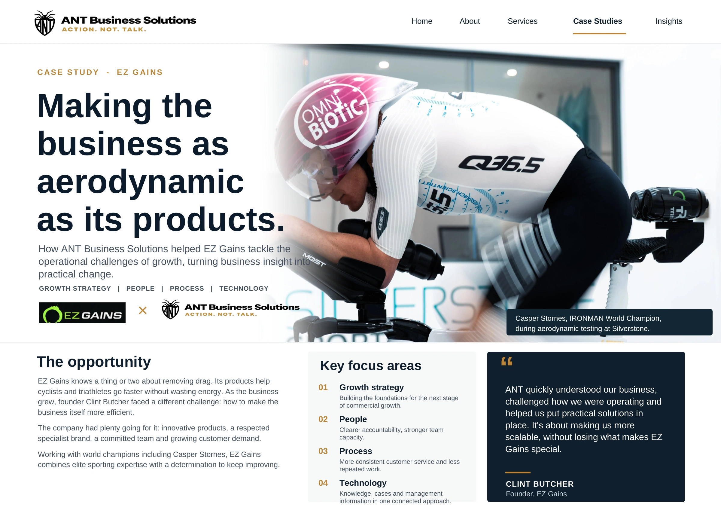 Page 1 of original EZ Gains case study: Making the business as aerodynamic as its products. Casper Stornes pictured during aerodynamic testing, client opportunity, four focus areas and testimonial from Clint Butcher.