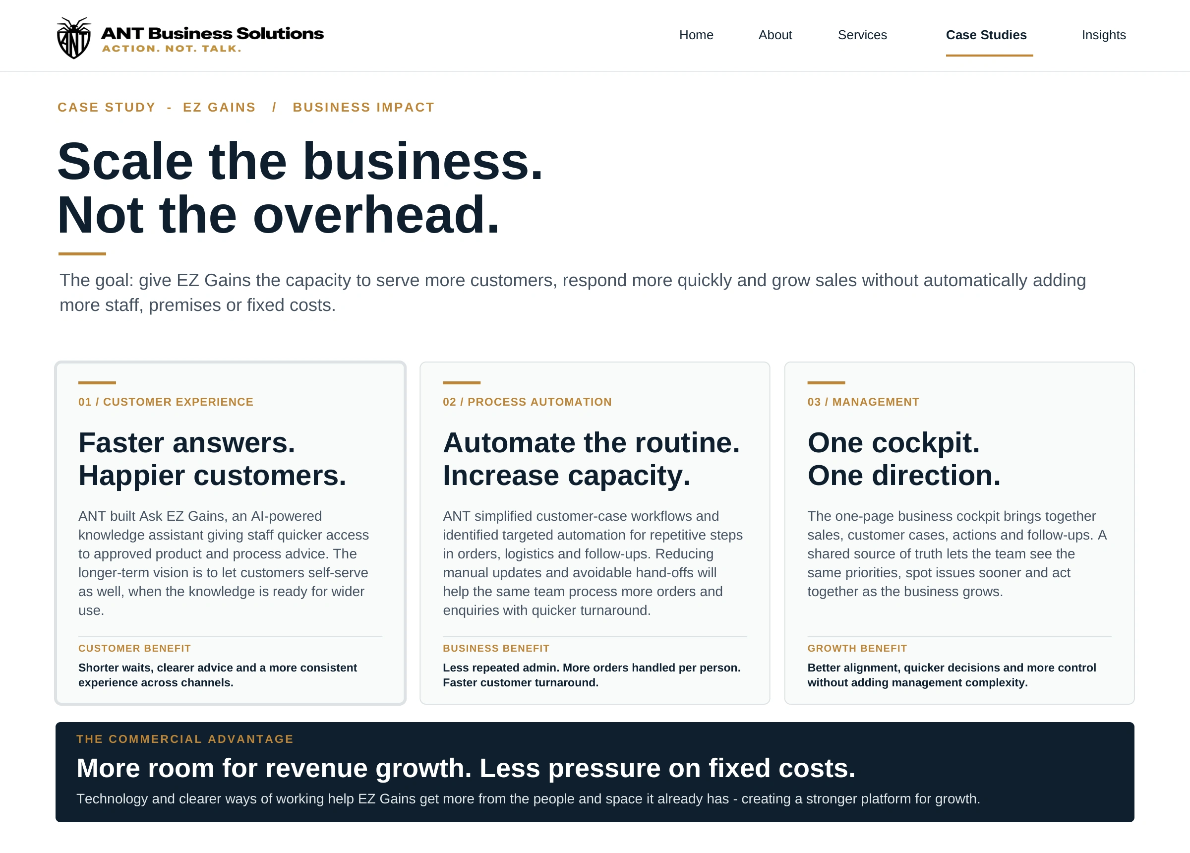 Page 2 of original EZ Gains case study: Scale the business. Not the overhead. Customer experience, process automation and management improvements, with commercial advantage summary.